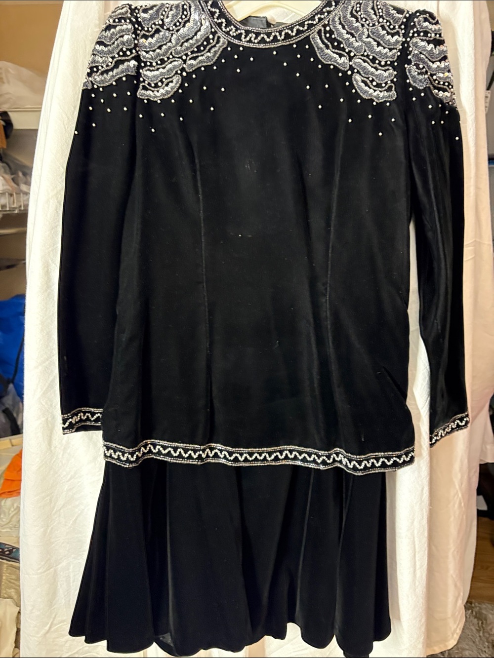 Vintage 80s Argenti Black Embellished Velvet Two-Piece skirt Set